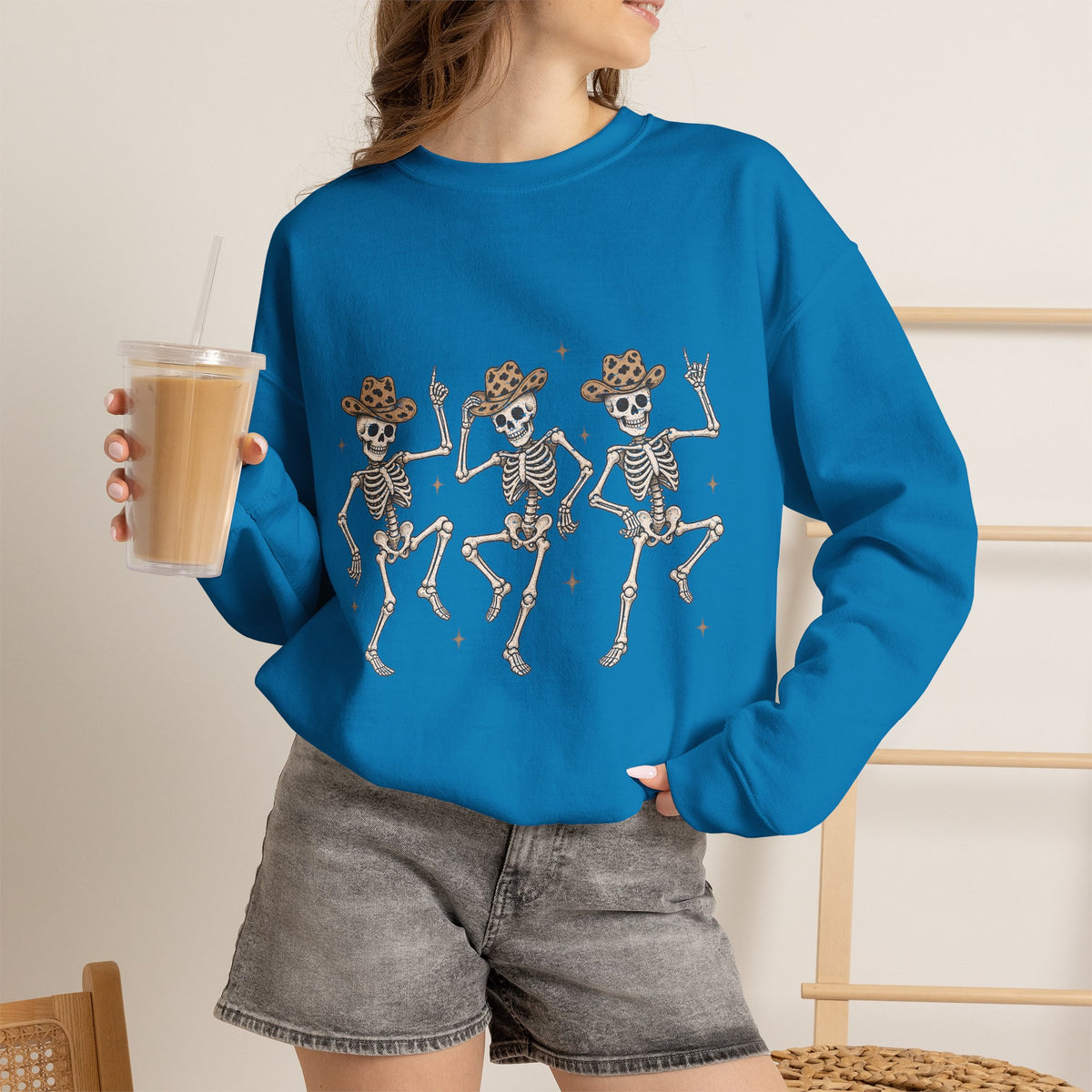 Dancing Skeletons Sweatshirt — Western Cowboy Skull Trio Halloween Pullover