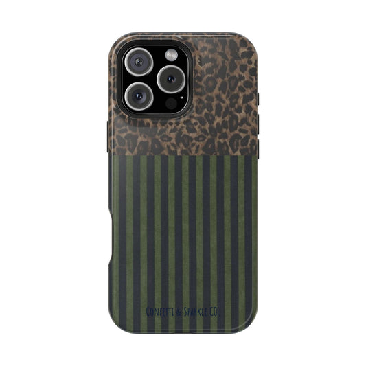 Leopard Top with Green Stripe Pattern - Magnetic Impact-Resistant Phone Case