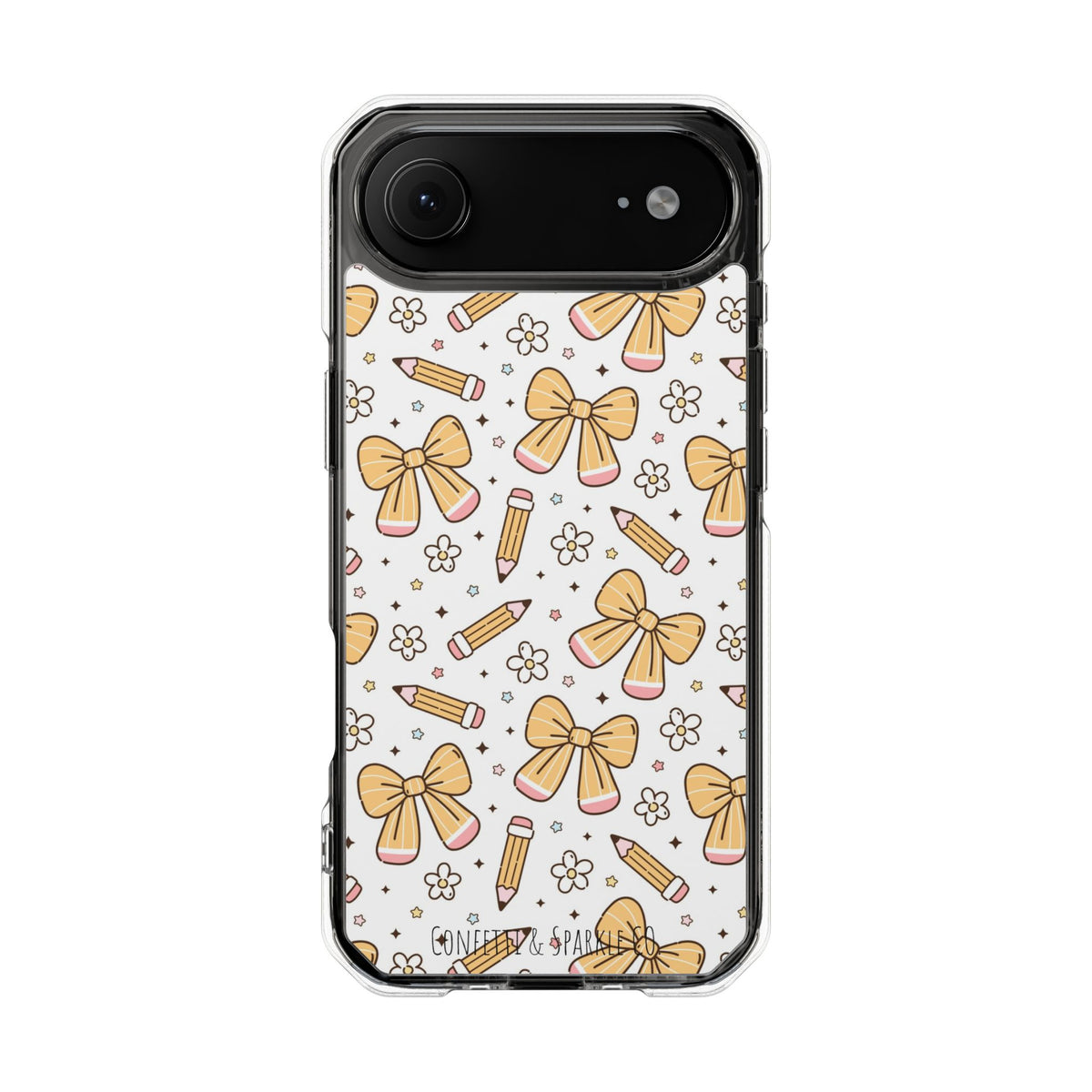 Clear Magnetic Phone Case — Cute Yellow Bow & Pencil Pattern