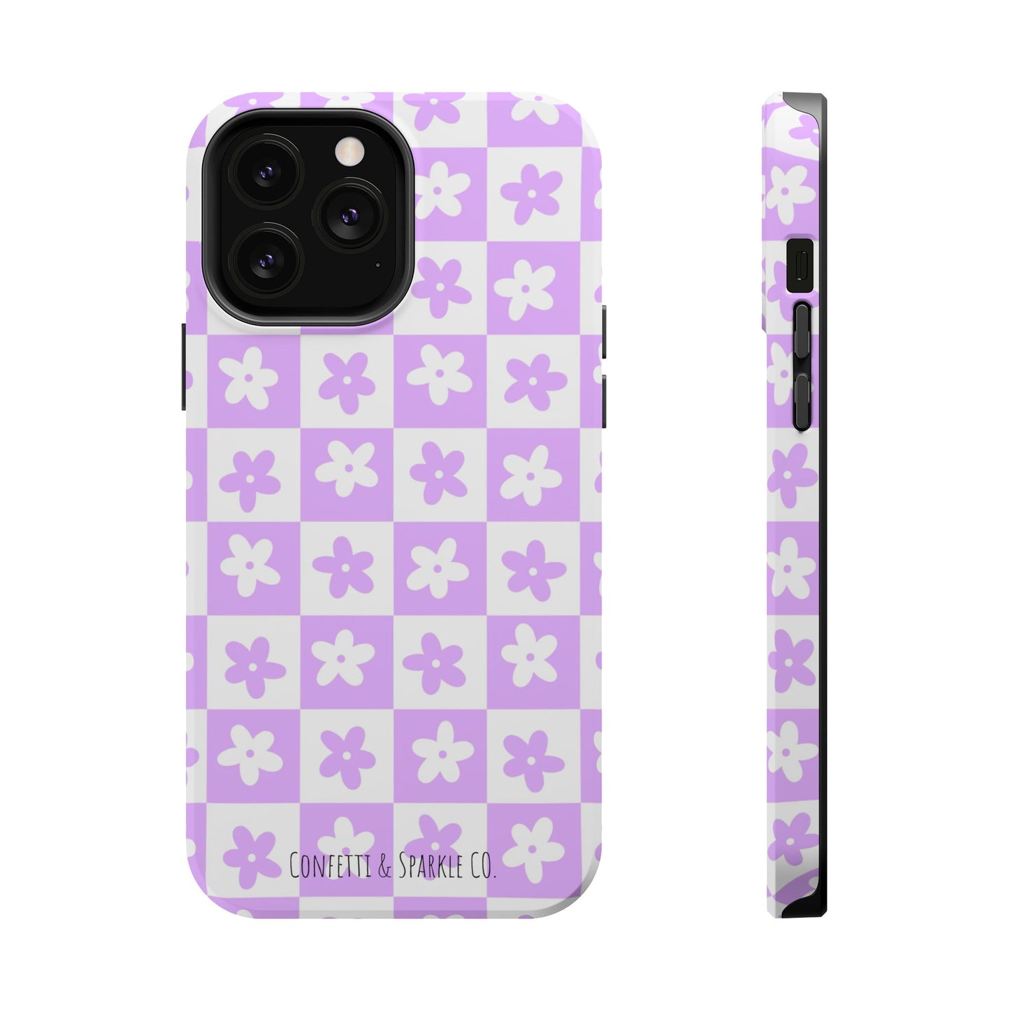 Lavender Retro Daisy Pattern -- Floral Checkered Magnetic Impact Phone Case