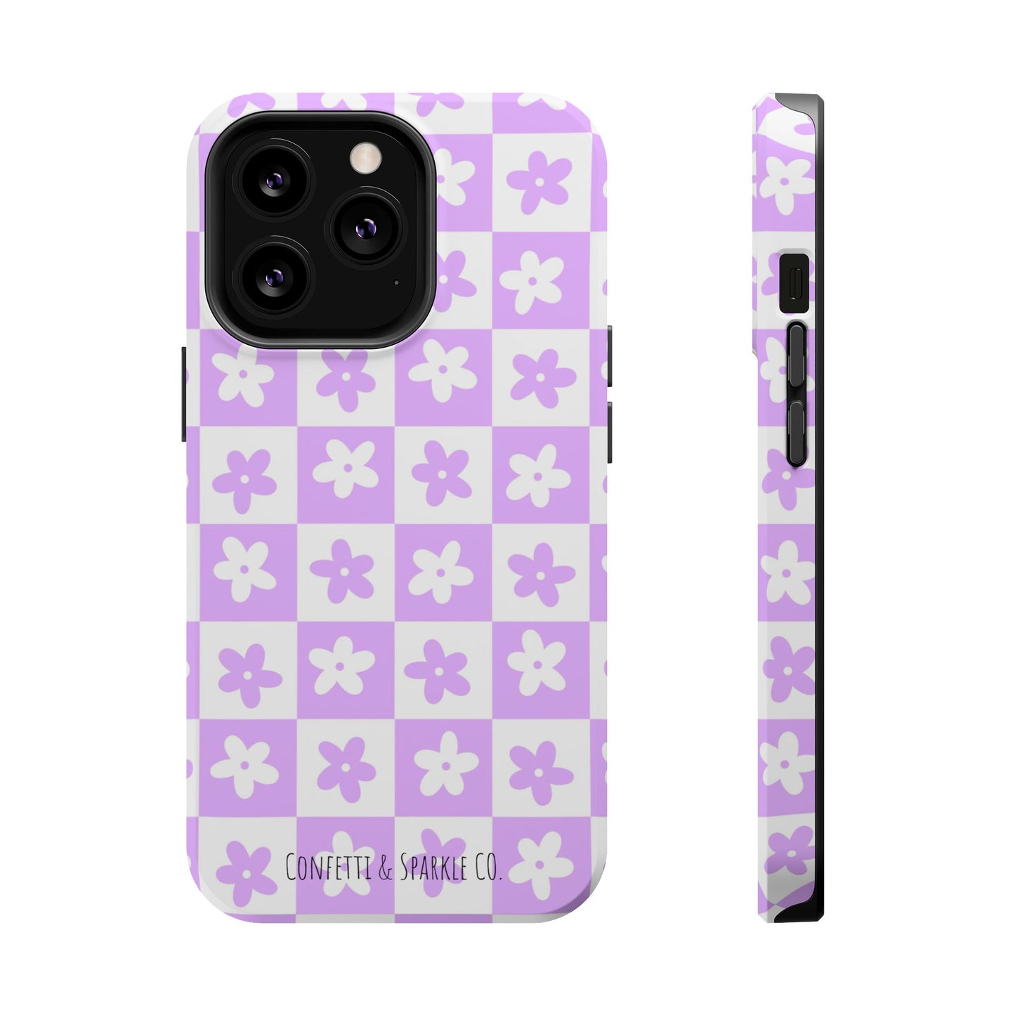 Lavender Retro Daisy Pattern -- Floral Checkered Magnetic Impact Phone Case