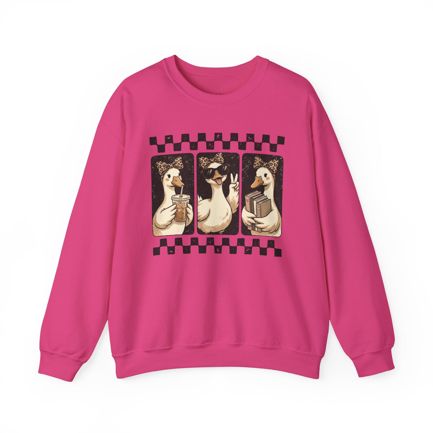 Duck Trio Graphic Sweatshirt — Vintage Checkerboard Cozy Pullover