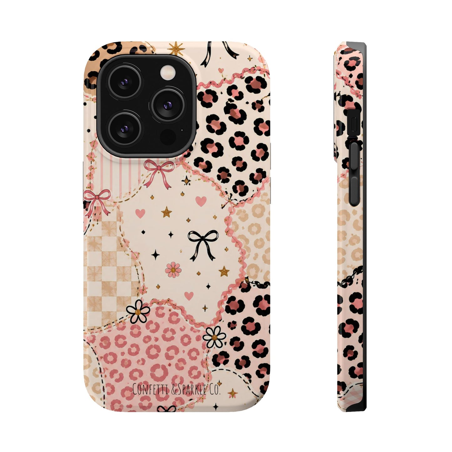 Leopard Heart Patchwork Phone Case — Pink Cute Magnetic Impact-Resistant Case