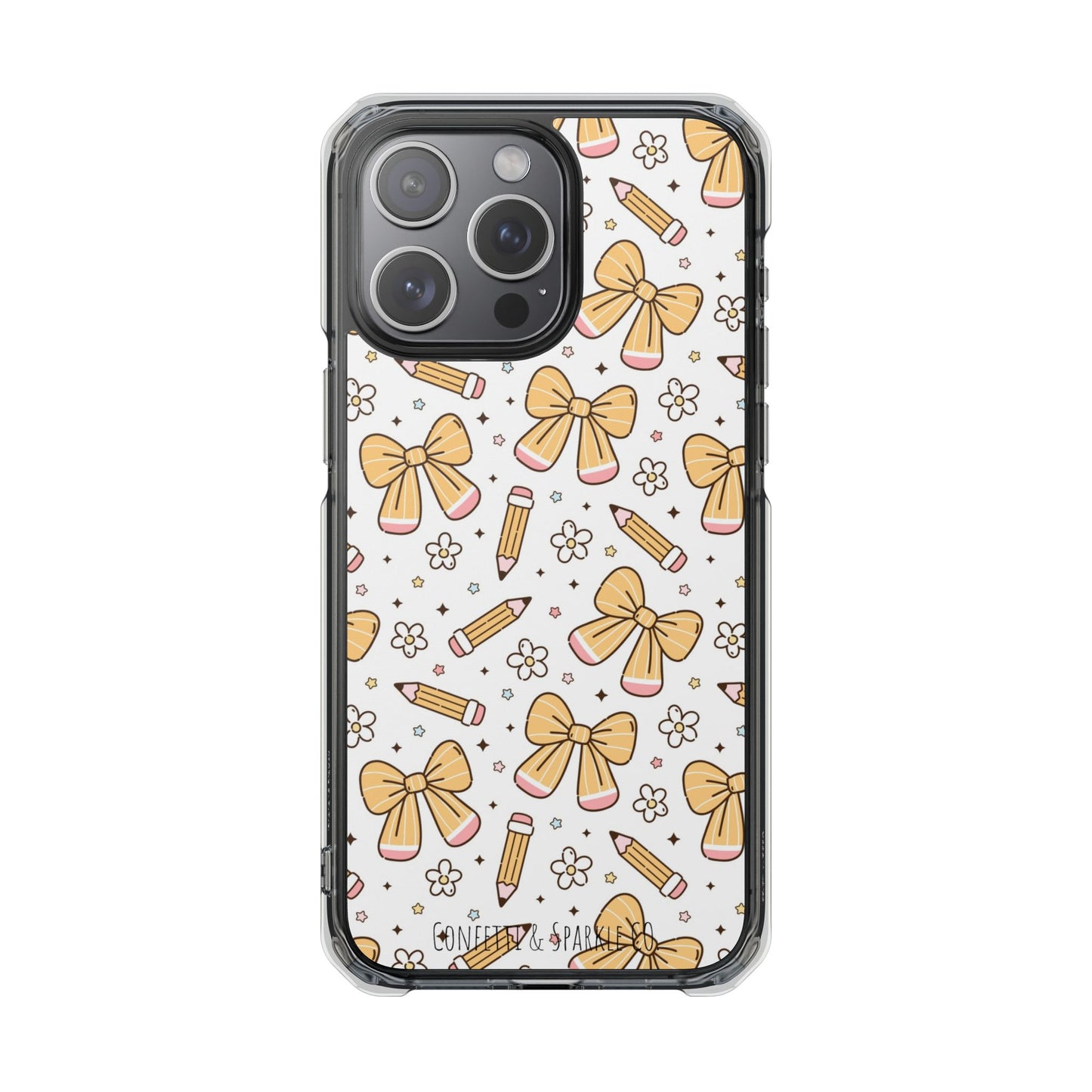 Clear Magnetic Phone Case — Cute Yellow Bow & Pencil Pattern