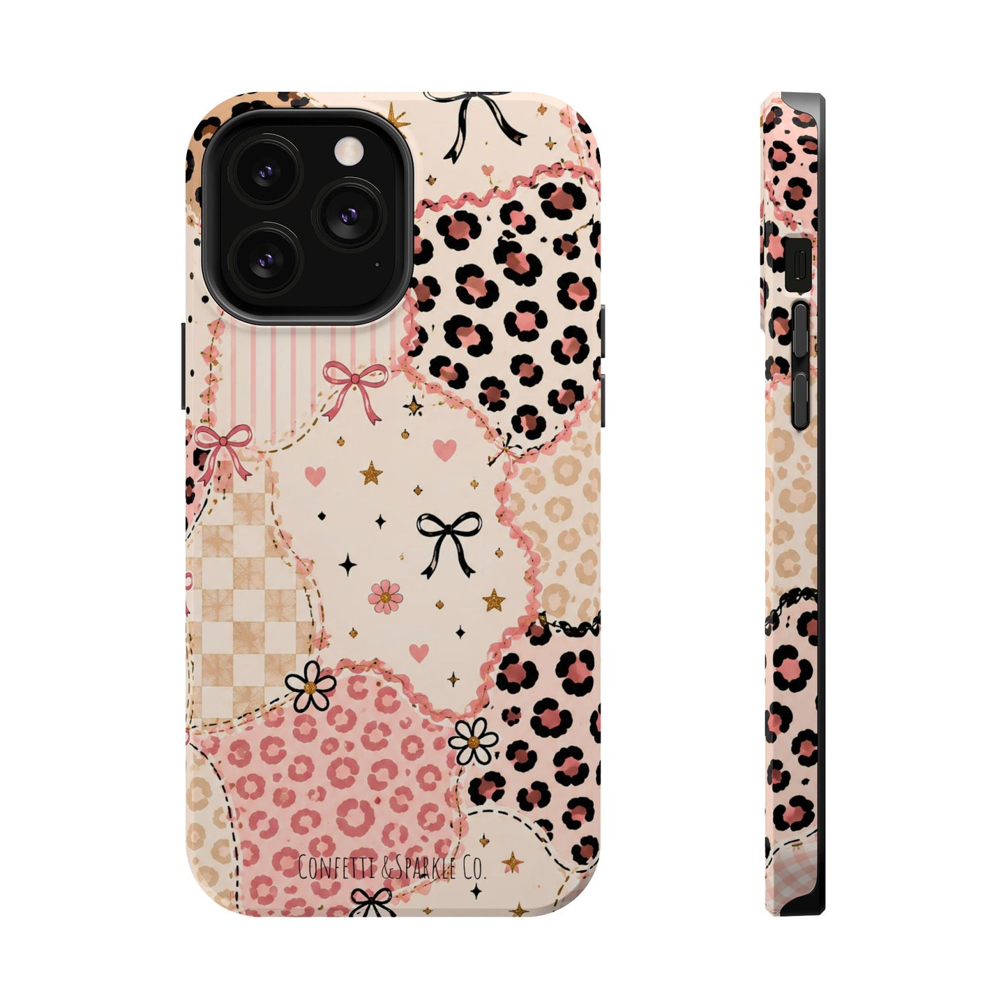 Leopard Heart Patchwork Phone Case — Pink Cute Magnetic Impact-Resistant Case