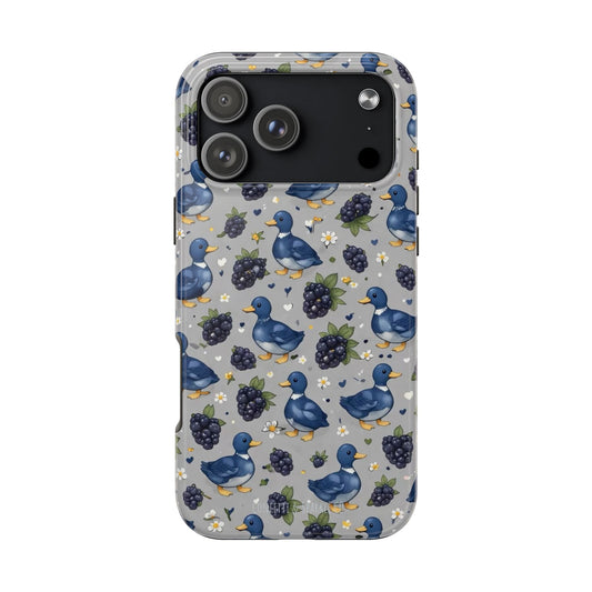 Blue Duck & Blackberry Tough Phone Case — Cute Floral Waterproof Protective Case
