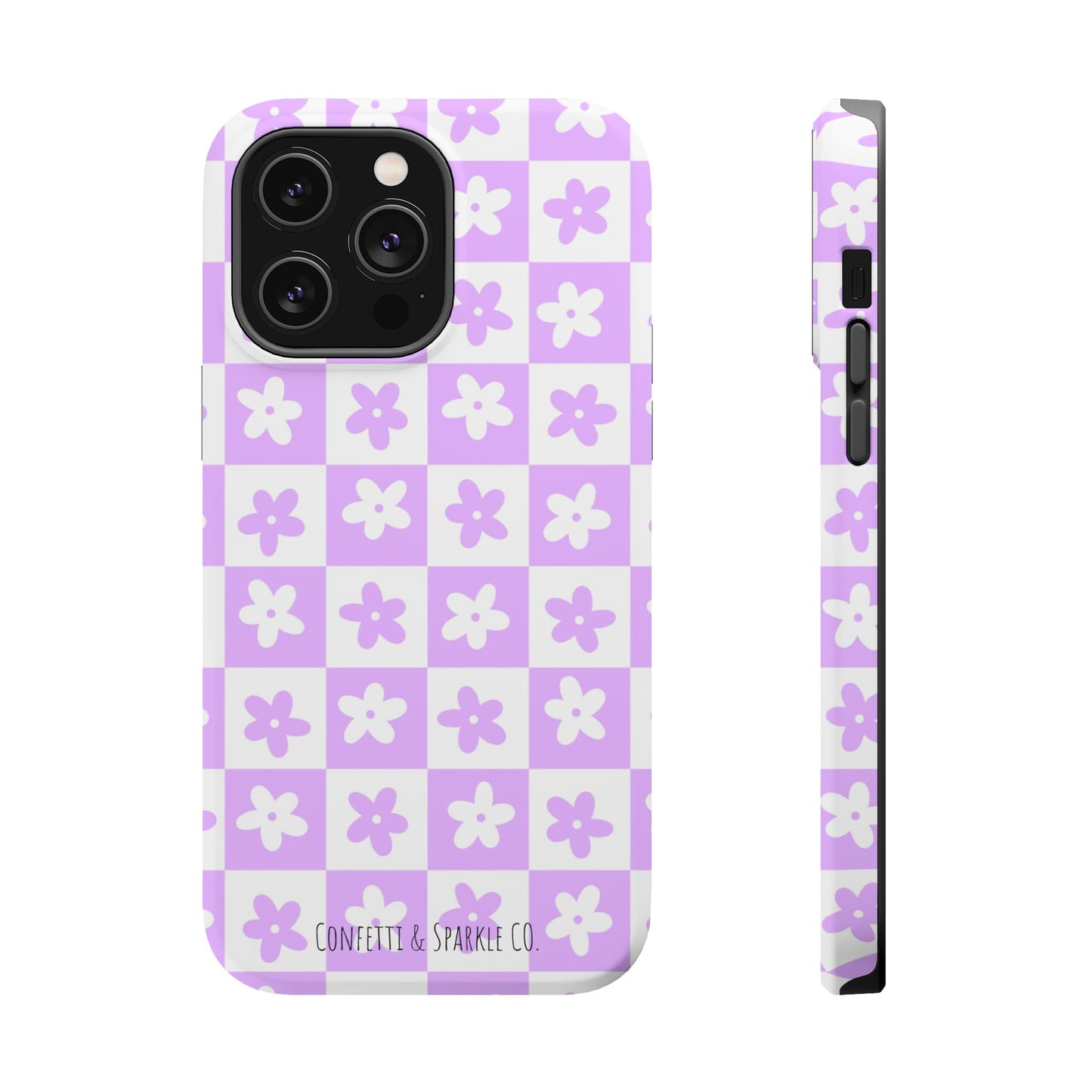 Lavender Retro Daisy Pattern -- Floral Checkered Magnetic Impact Phone Case