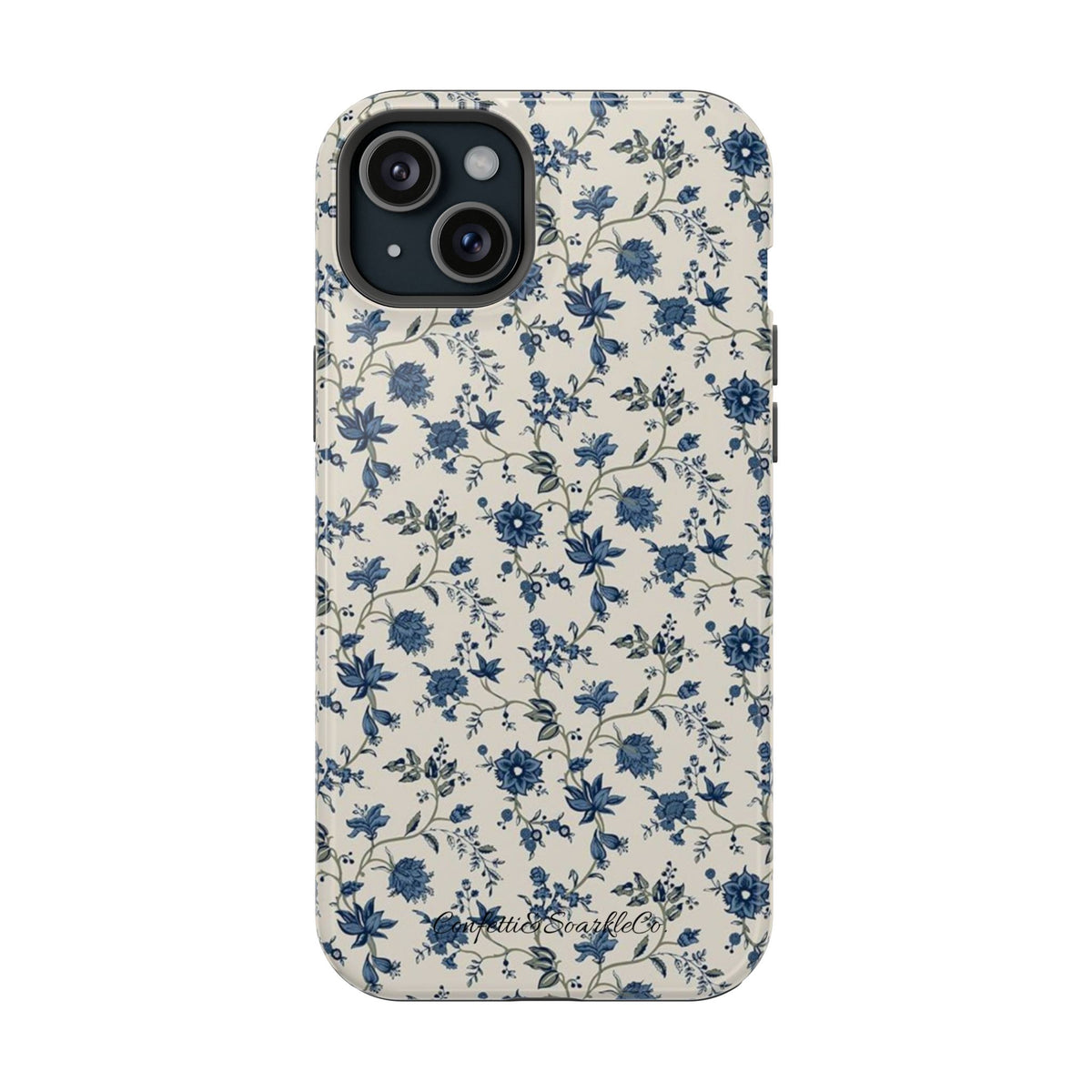 Vintage Blue Botanical Magnetic Phone Case — Impact-Resistant Floral Cover