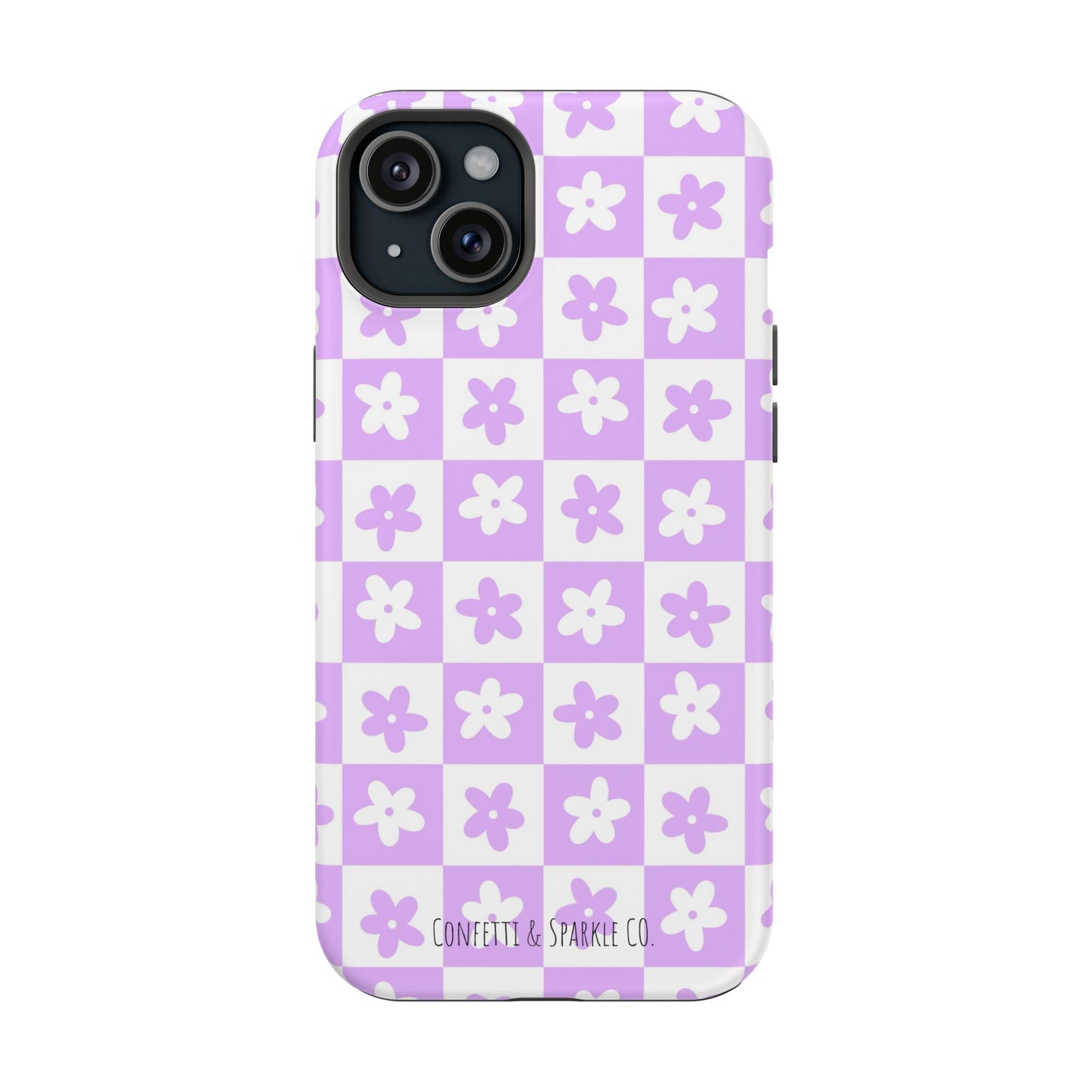 Lavender Retro Daisy Pattern -- Floral Checkered Magnetic Impact Phone Case