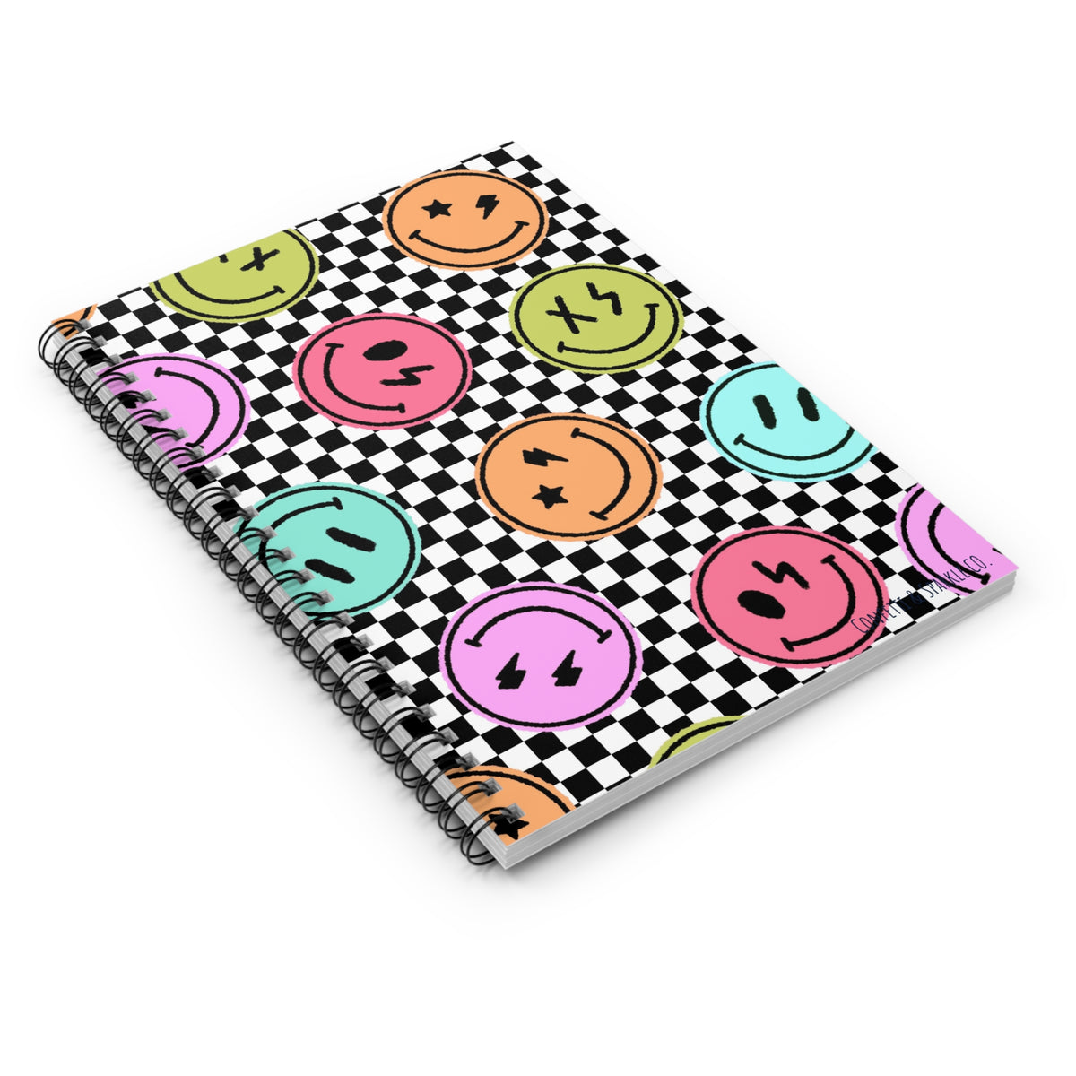 Checkered Smiley Spiral Notebook — Colorful Grunge Emoji Journal (Ruled)