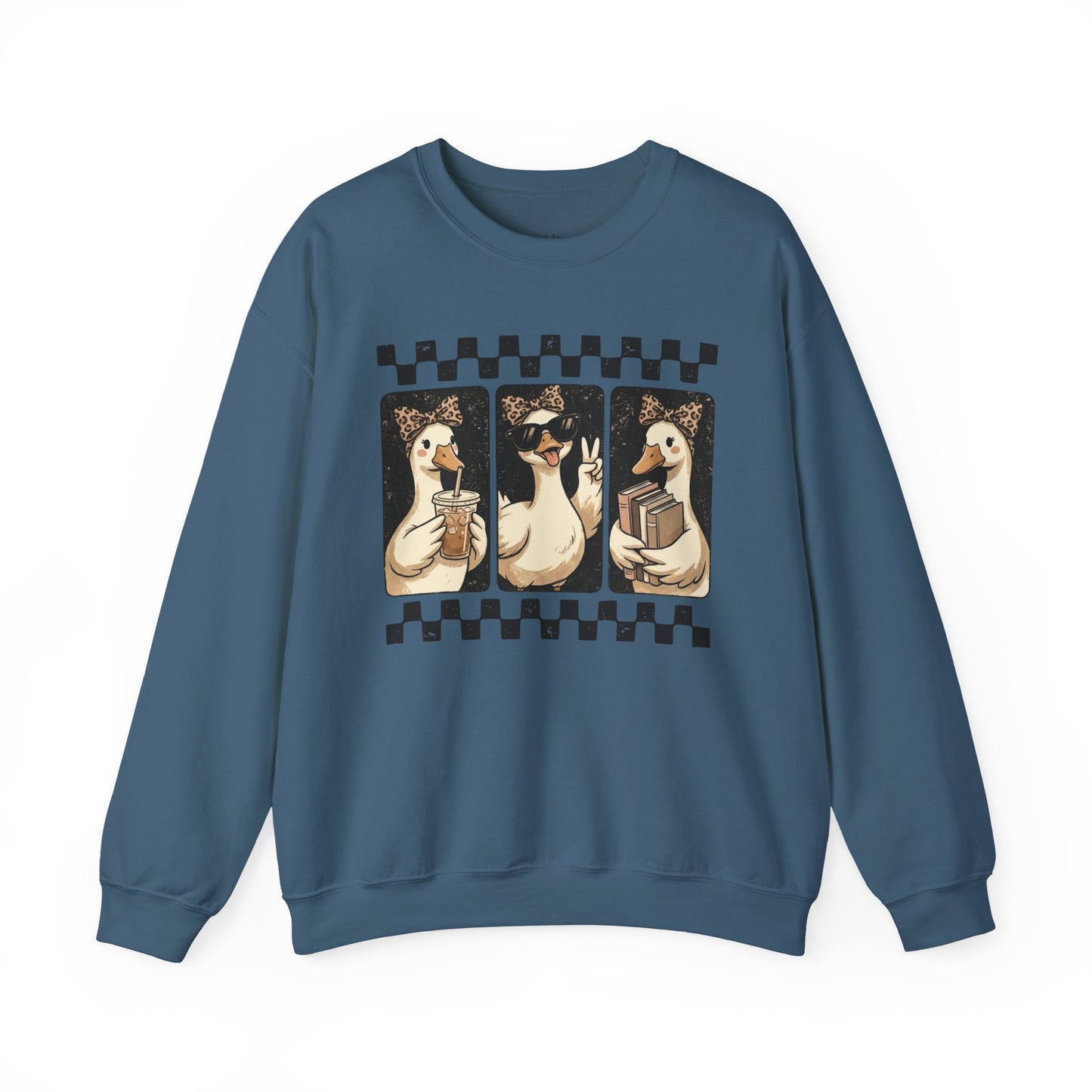 Duck Trio Graphic Sweatshirt — Vintage Checkerboard Cozy Pullover