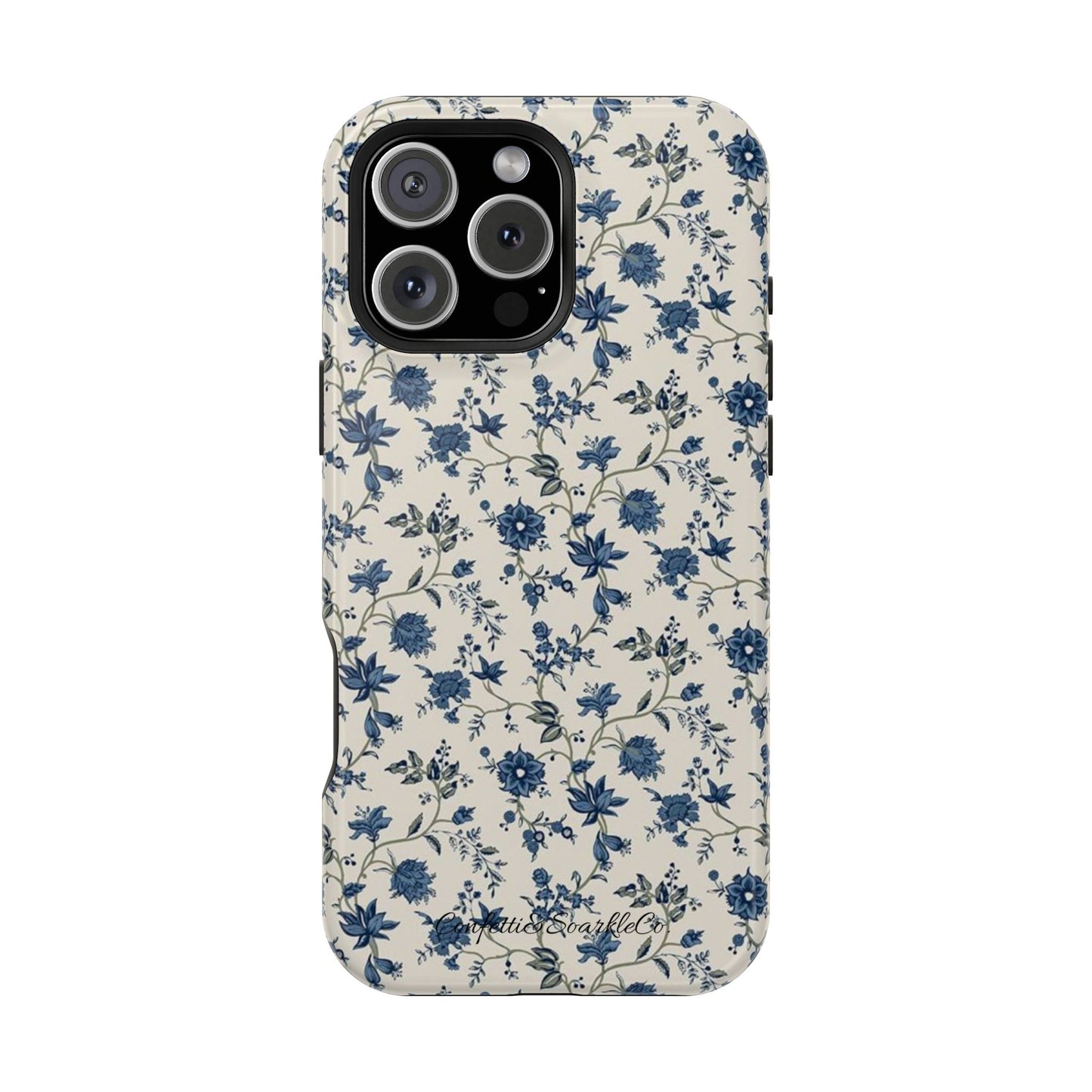 Vintage Blue Botanical Magnetic Phone Case — Impact-Resistant Floral Cover