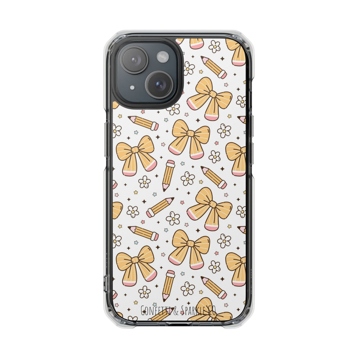 Clear Magnetic Phone Case — Cute Yellow Bow & Pencil Pattern