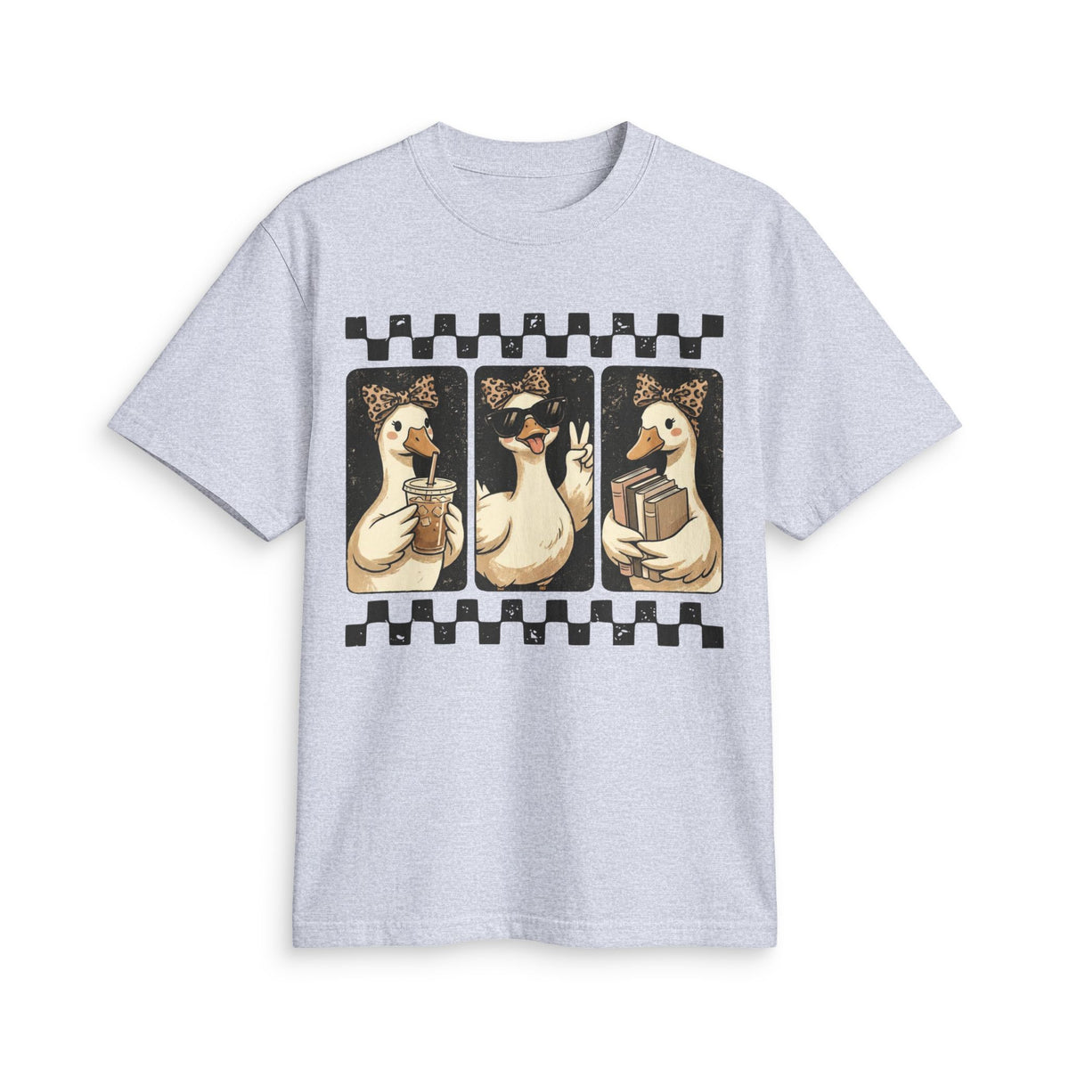 Duck Trio Graphic T-Shirt — Cute Vintage Ducks Holding Coffee & Books