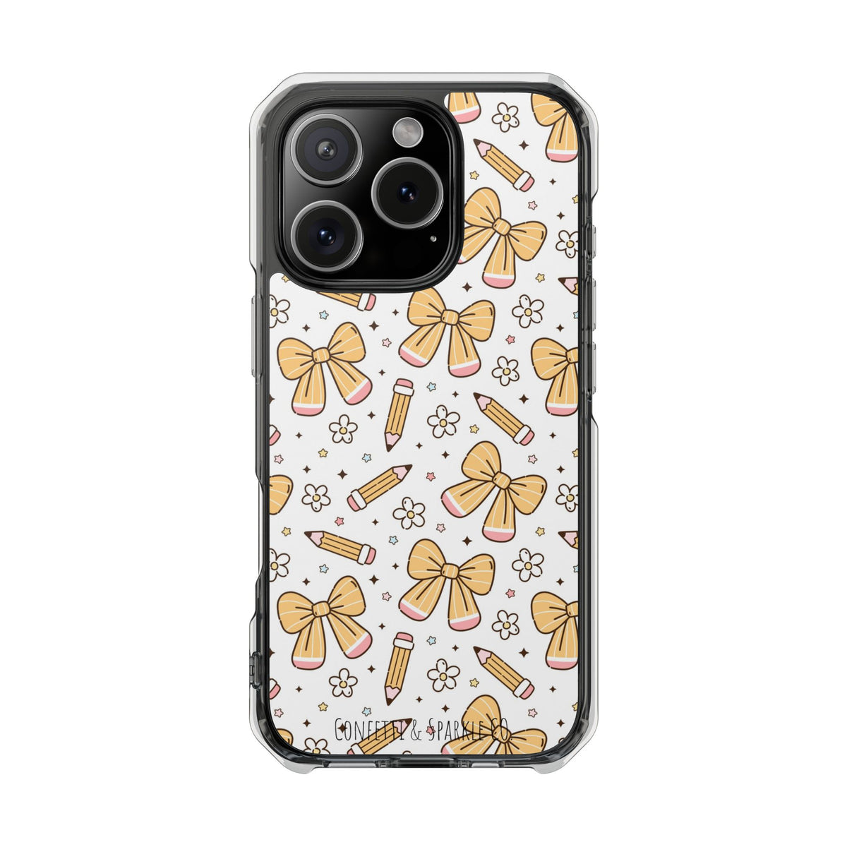 Clear Magnetic Phone Case — Cute Yellow Bow & Pencil Pattern