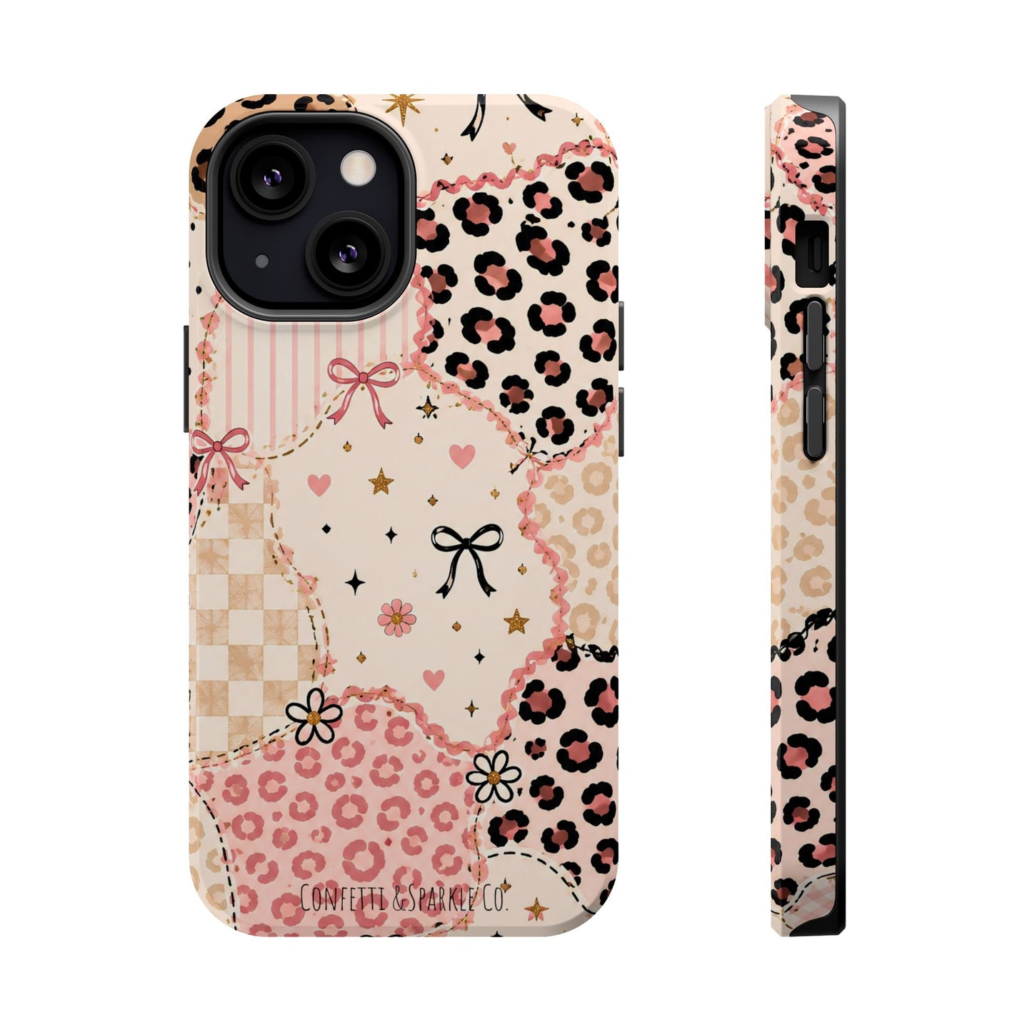 Leopard Heart Patchwork Phone Case — Pink Cute Magnetic Impact-Resistant Case