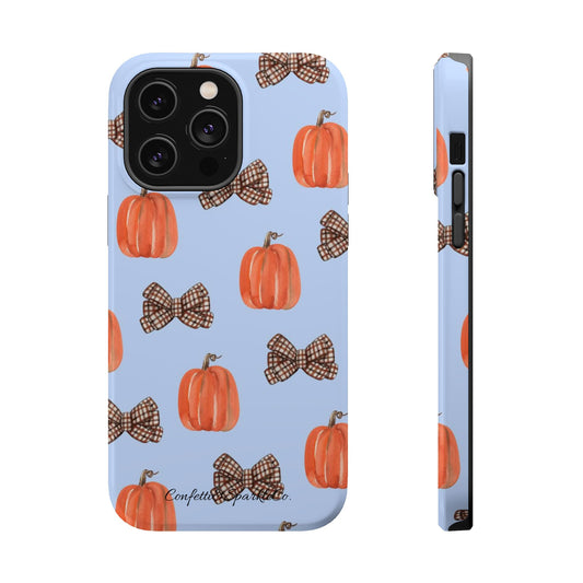 Pumpkin & Plaid Bow Phone Case — Magnetic Impact-Resistant Fall iPhone Case