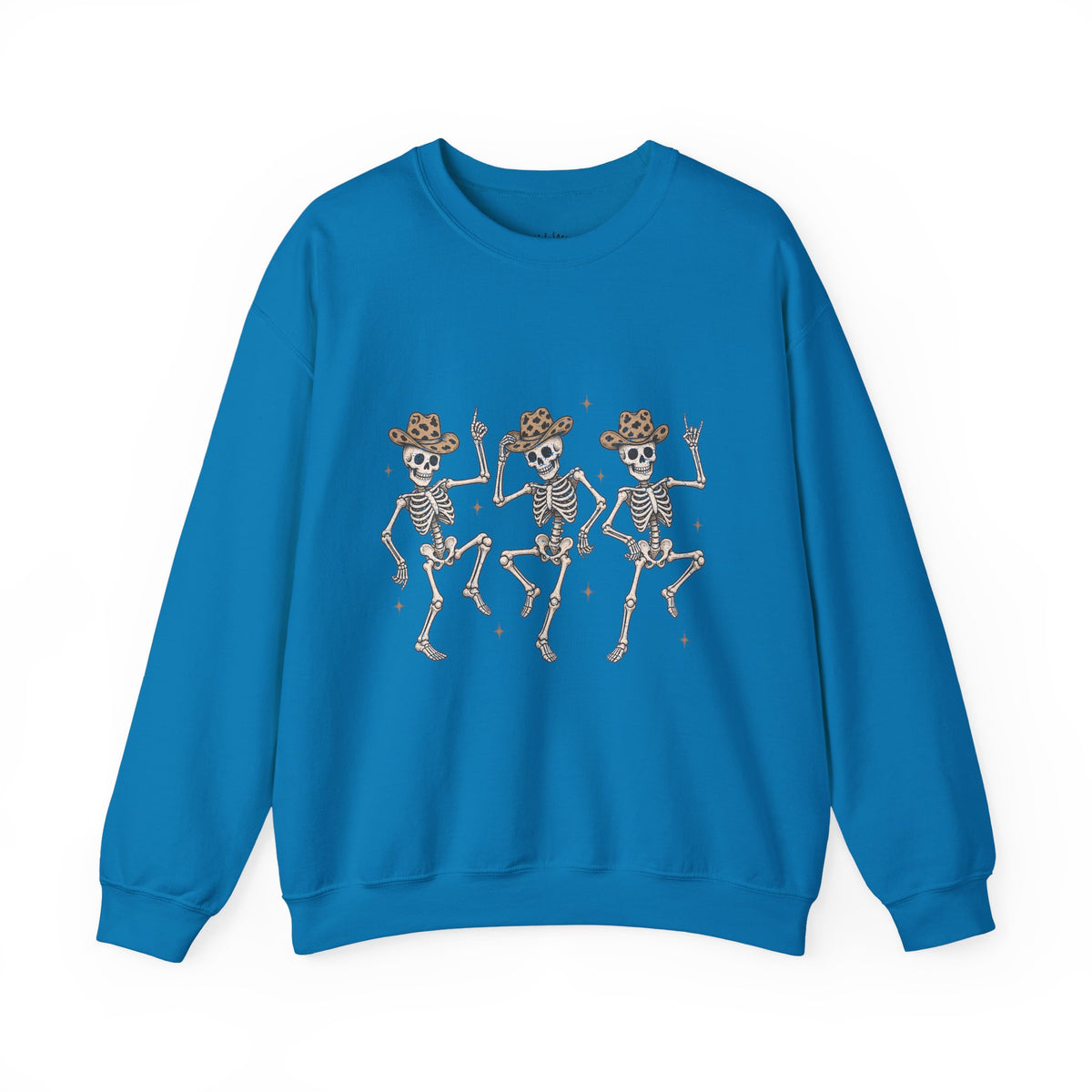 Dancing Skeletons Sweatshirt — Western Cowboy Skull Trio Halloween Pullover