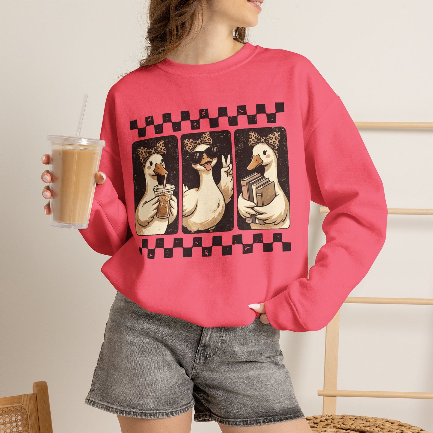 Duck Trio Graphic Sweatshirt — Vintage Checkerboard Cozy Pullover