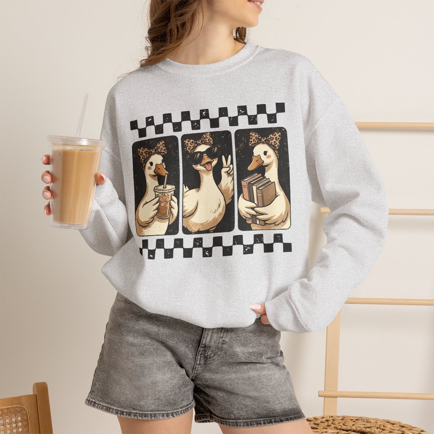 Duck Trio Graphic Sweatshirt — Vintage Checkerboard Cozy Pullover