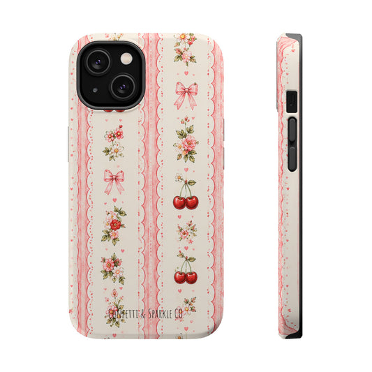 Cherry Ribbon Floral Phone Case — Magnetic Impact-Resistant