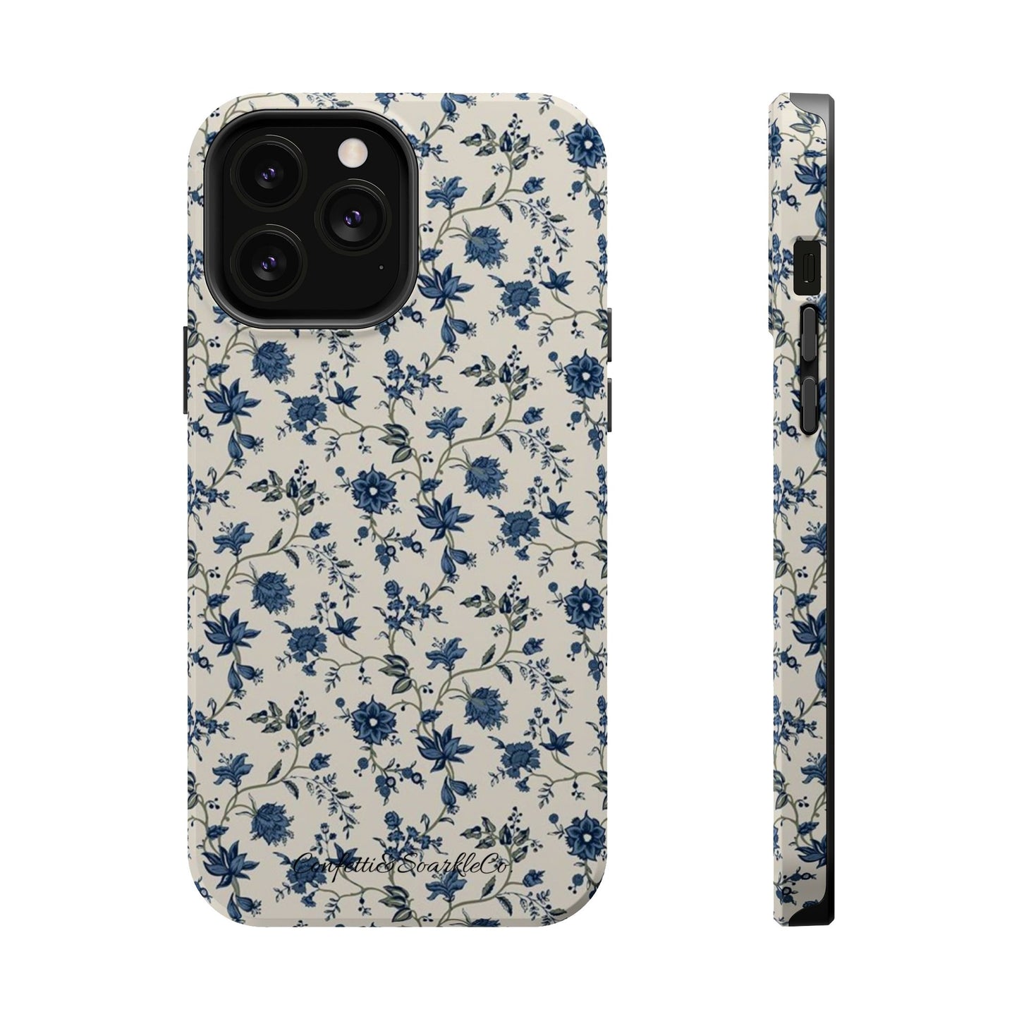 Vintage Blue Botanical Magnetic Phone Case — Impact-Resistant Floral Cover