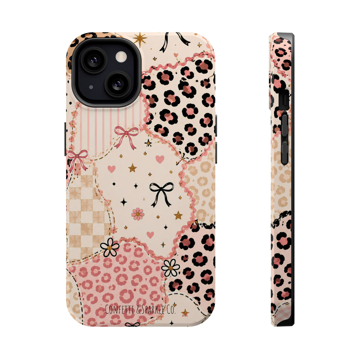 Leopard Heart Patchwork Phone Case — Pink Cute Magnetic Impact-Resistant Case