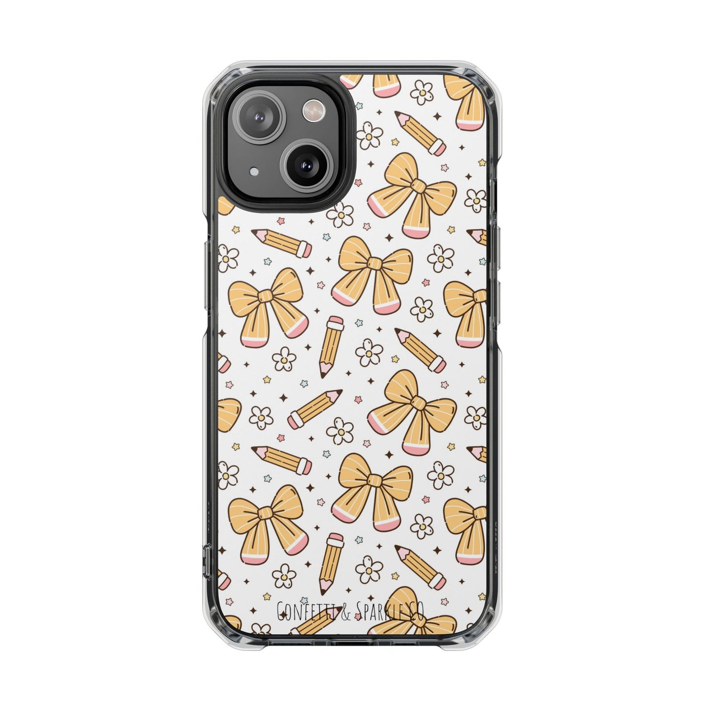 Clear Magnetic Phone Case — Cute Yellow Bow & Pencil Pattern