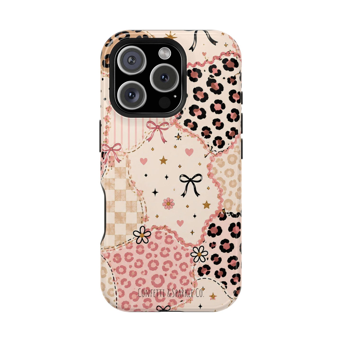 Leopard Heart Patchwork Phone Case — Pink Cute Magnetic Impact-Resistant Case