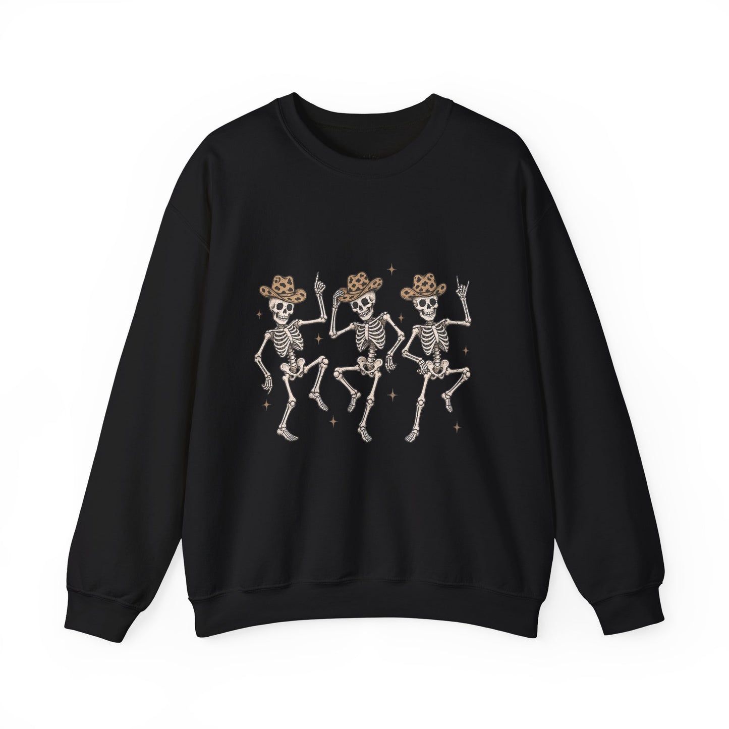 Dancing Skeletons Sweatshirt — Western Cowboy Skull Trio Halloween Pullover