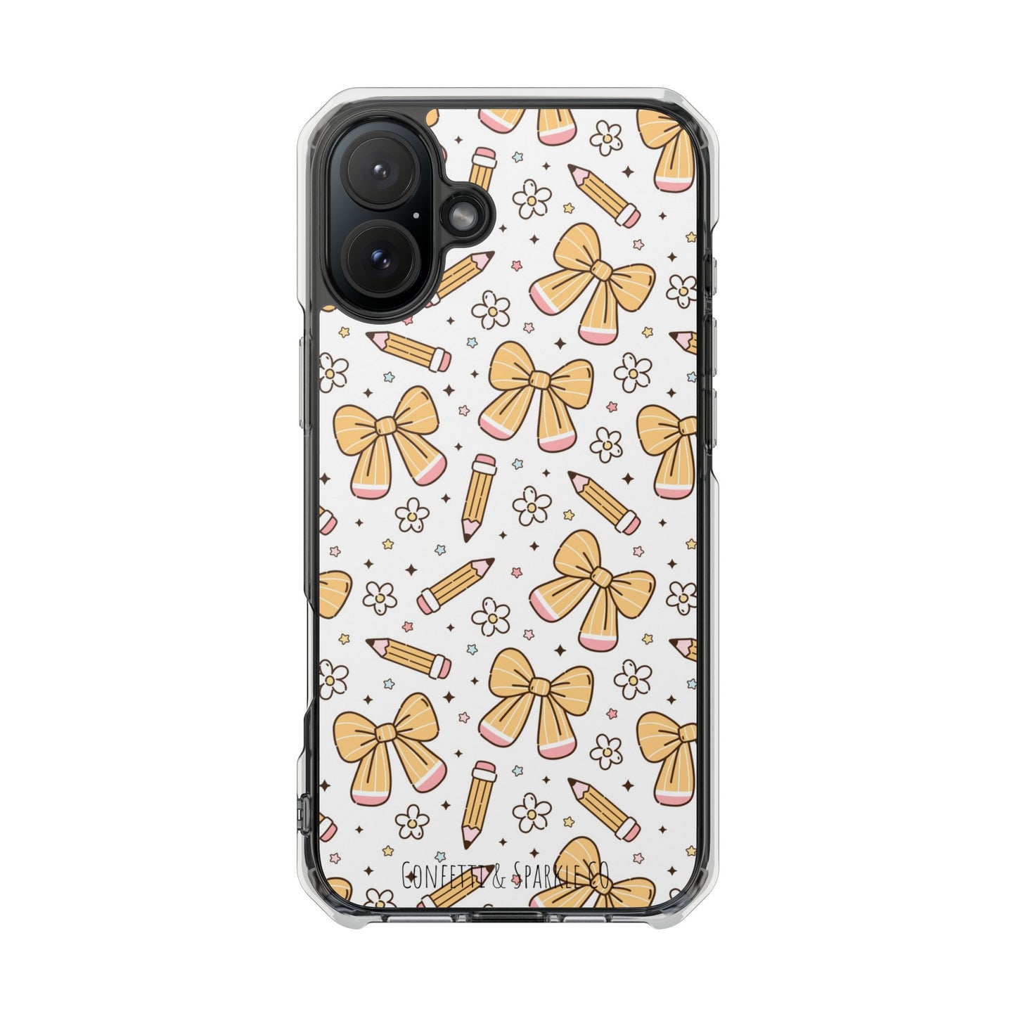 Clear Magnetic Phone Case — Cute Yellow Bow & Pencil Pattern