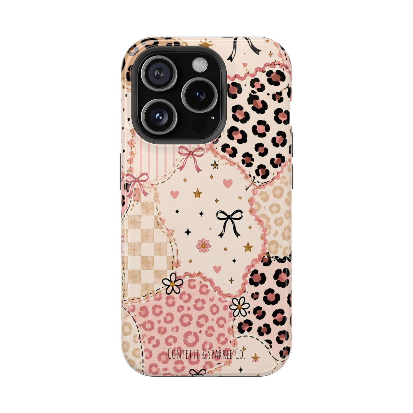 Leopard Heart Patchwork Phone Case — Pink Cute Magnetic Impact-Resistant Case