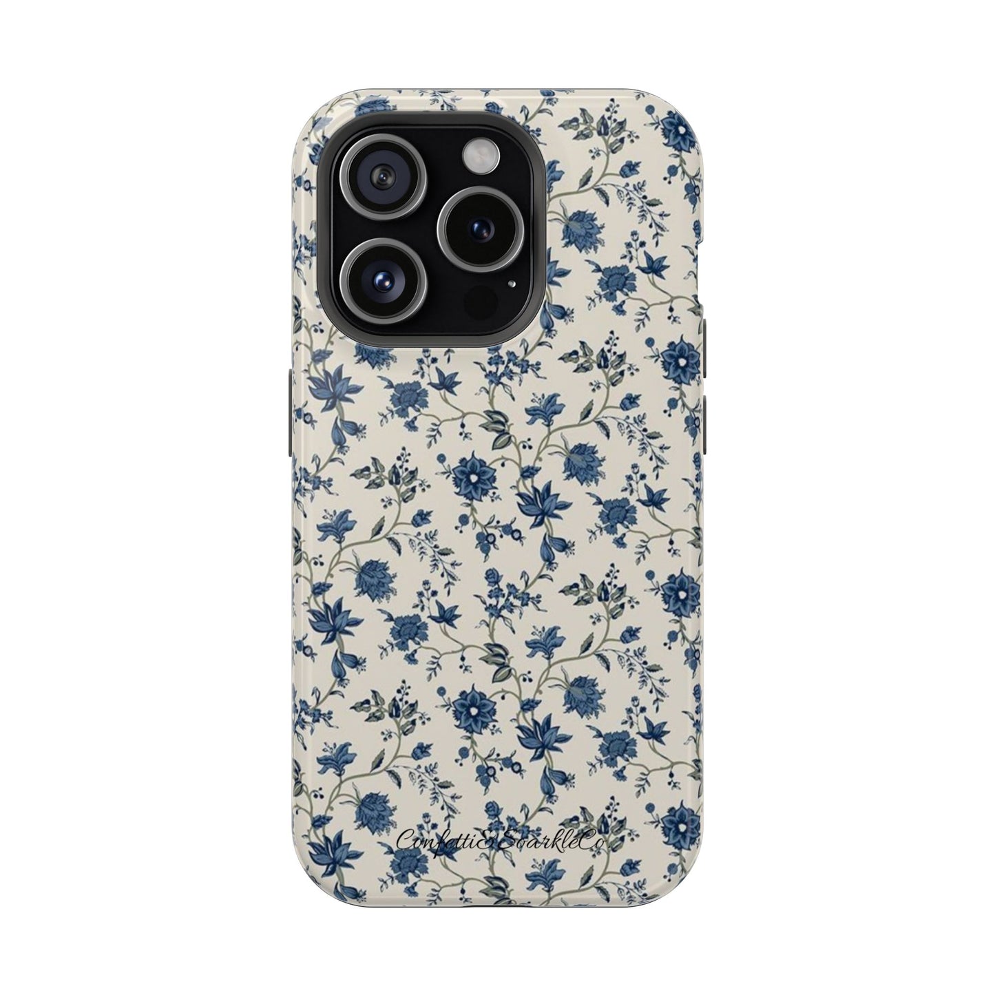 Vintage Blue Botanical Magnetic Phone Case — Impact-Resistant Floral Cover