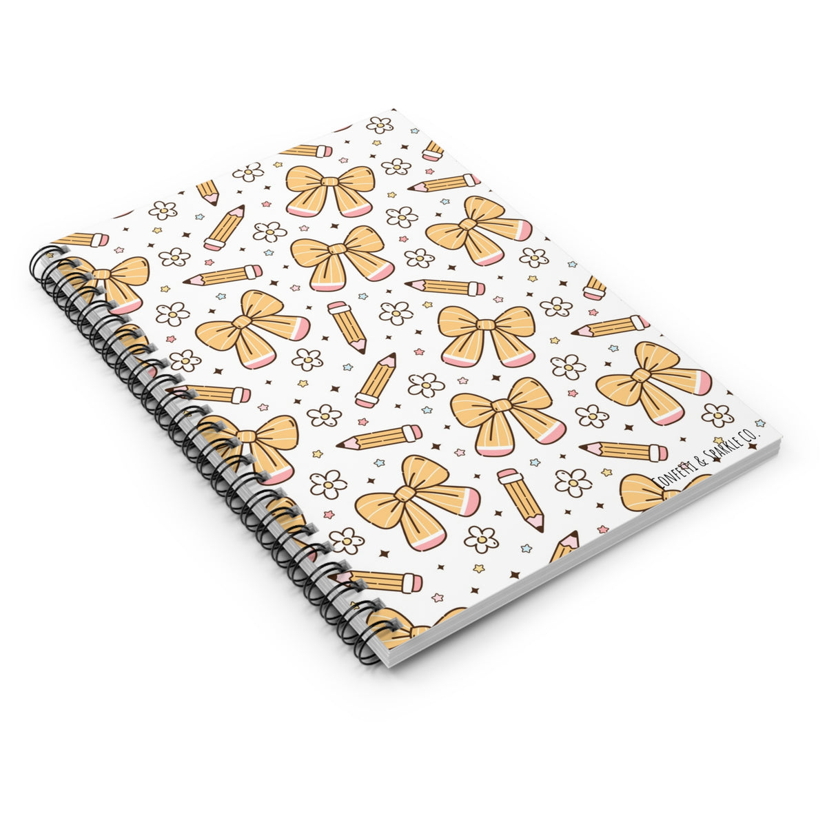 Cute Yellow Bow & Pencil Spiral Notebook – School Journal, Cute Floral Stationery