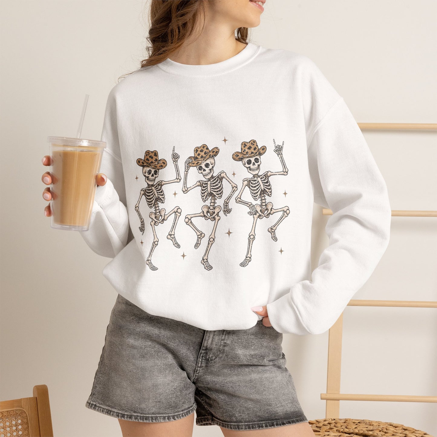 Dancing Skeletons Sweatshirt — Western Cowboy Skull Trio Halloween Pullover