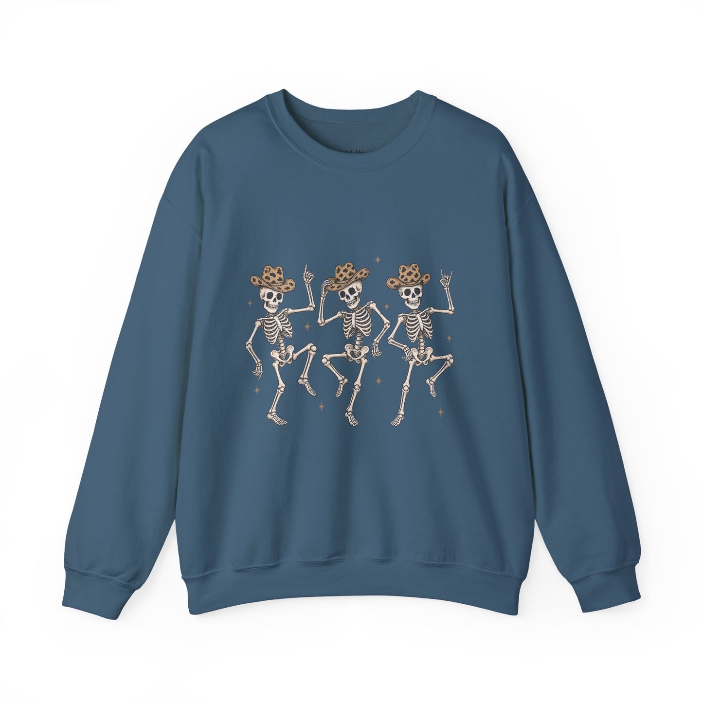 Dancing Skeletons Sweatshirt — Western Cowboy Skull Trio Halloween Pullover