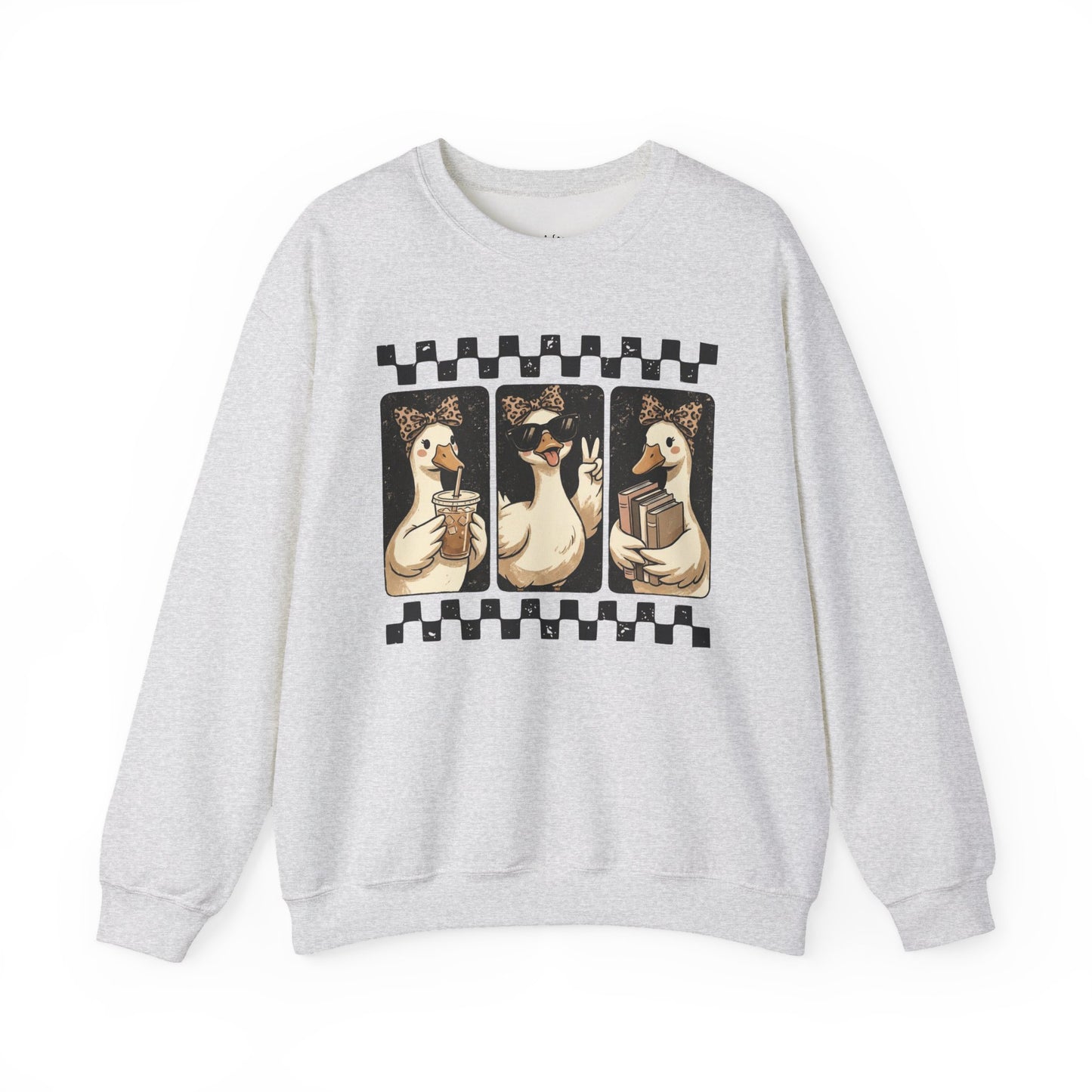 Duck Trio Graphic Sweatshirt — Vintage Checkerboard Cozy Pullover