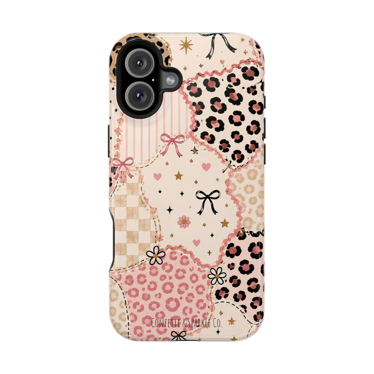 Leopard Heart Patchwork Phone Case — Pink Cute Magnetic Impact-Resistant Case