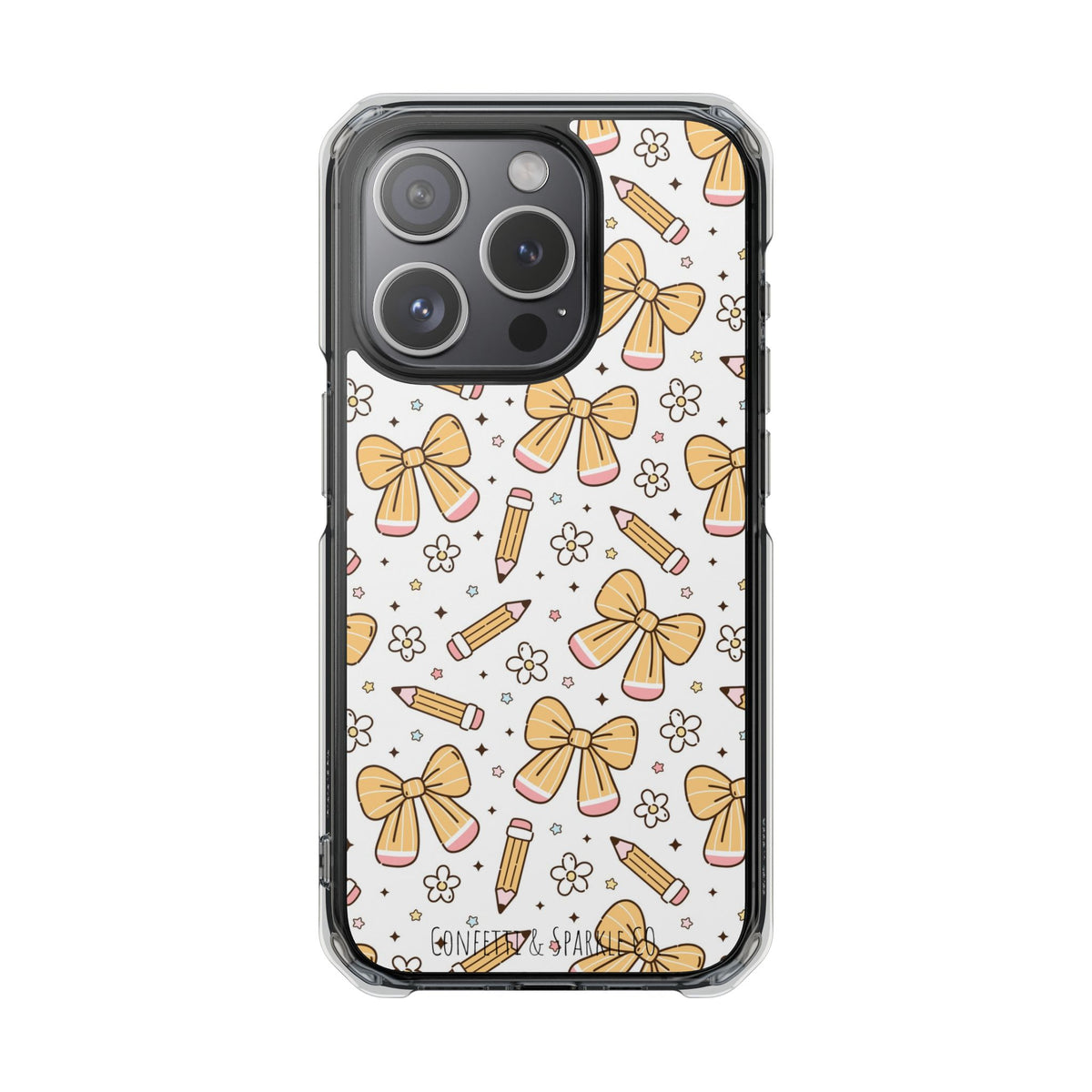 Clear Magnetic Phone Case — Cute Yellow Bow & Pencil Pattern