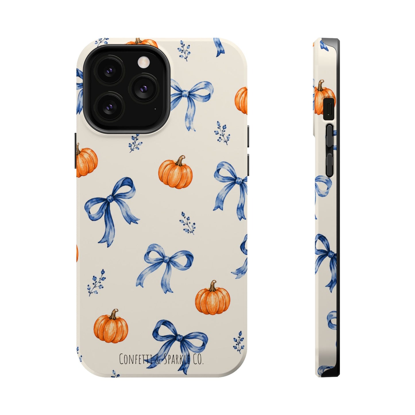 Pumpkin & Blue Bow Phone Case — Magnetic Impact-Resistant Fall Design