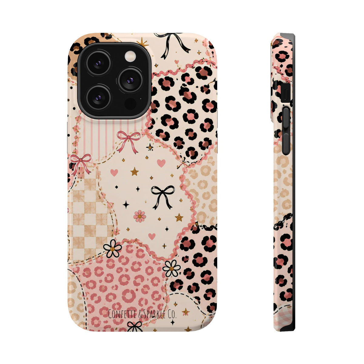 Leopard Heart Patchwork Phone Case — Pink Cute Magnetic Impact-Resistant Case