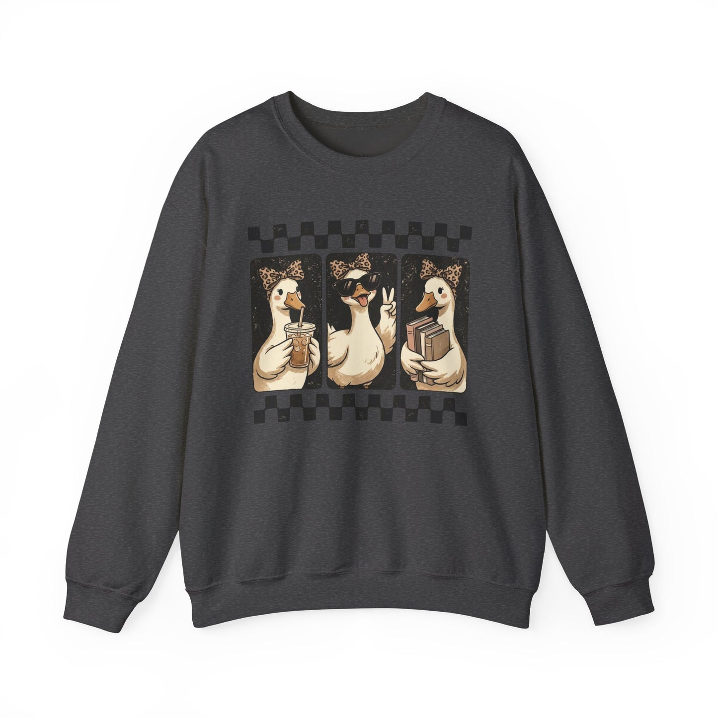 Duck Trio Graphic Sweatshirt — Vintage Checkerboard Cozy Pullover