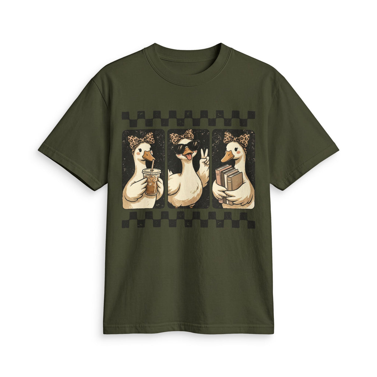 Duck Trio Graphic T-Shirt — Cute Vintage Ducks Holding Coffee & Books