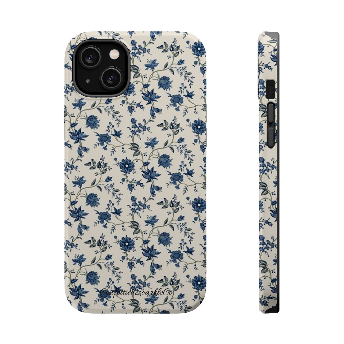 Vintage Blue Botanical Magnetic Phone Case — Impact-Resistant Floral Cover