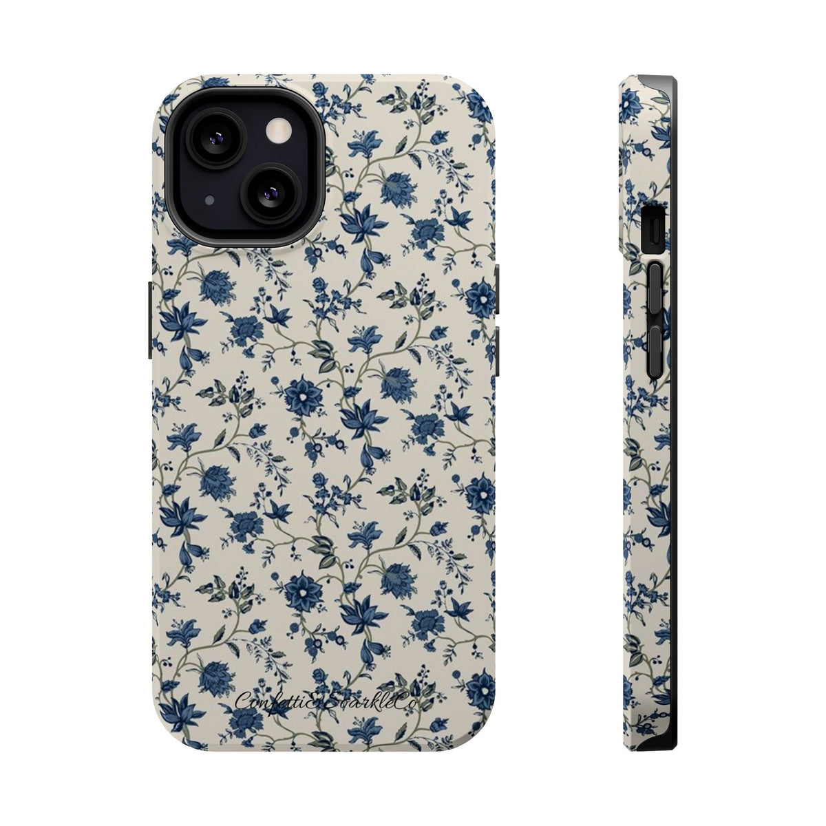Vintage Blue Botanical Magnetic Phone Case — Impact-Resistant Floral Cover