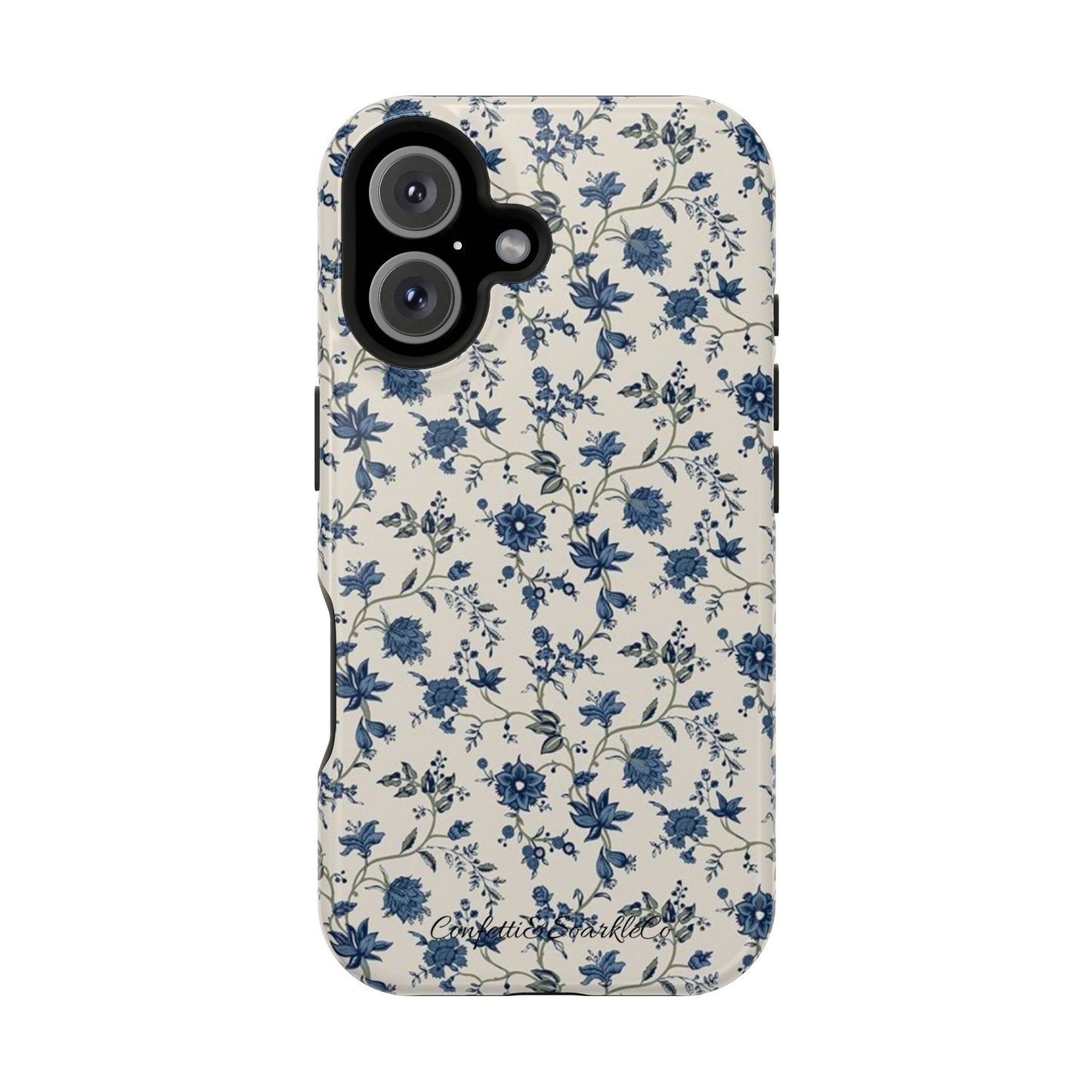 Vintage Blue Botanical Magnetic Phone Case — Impact-Resistant Floral Cover