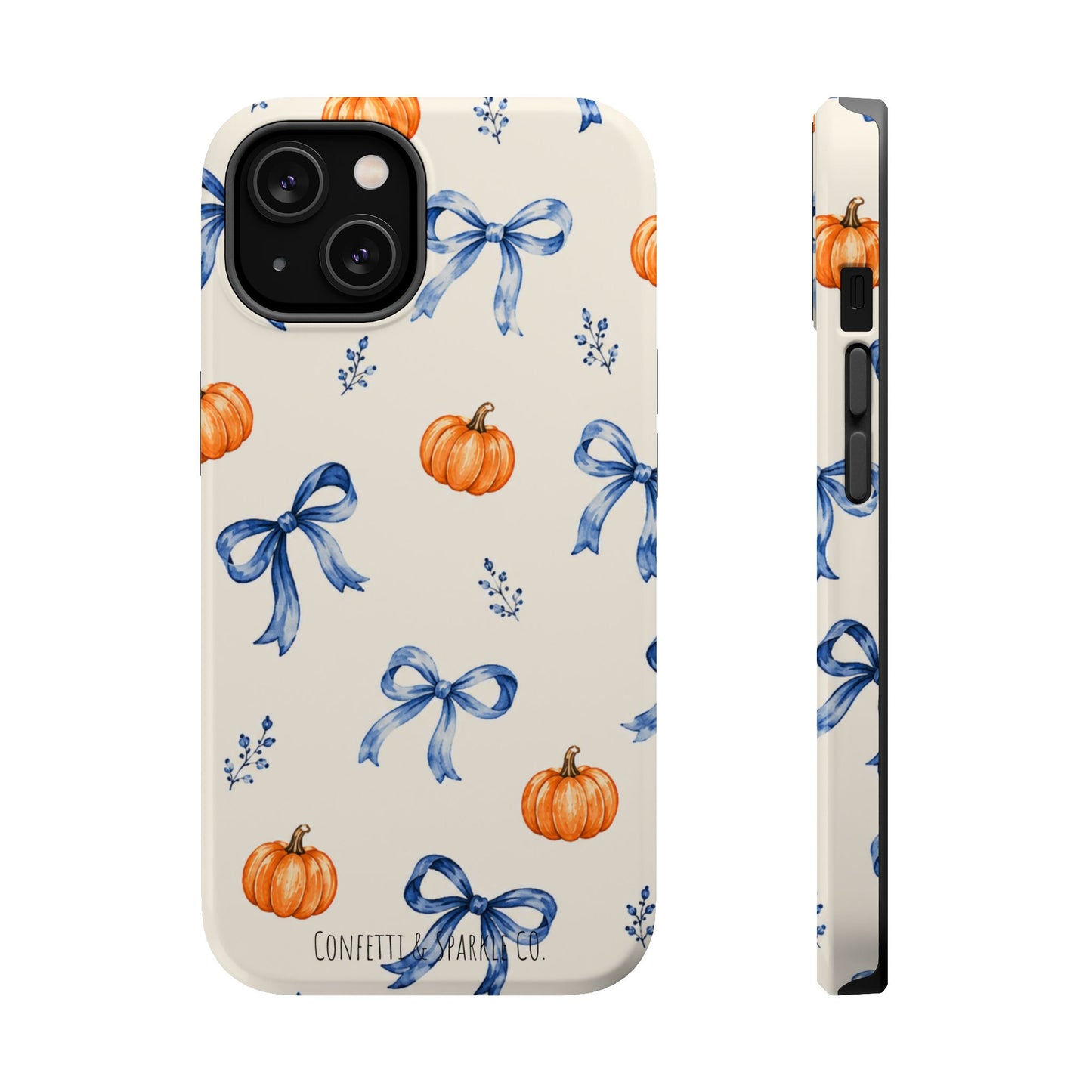 Pumpkin & Blue Bow Phone Case — Magnetic Impact-Resistant Fall Design