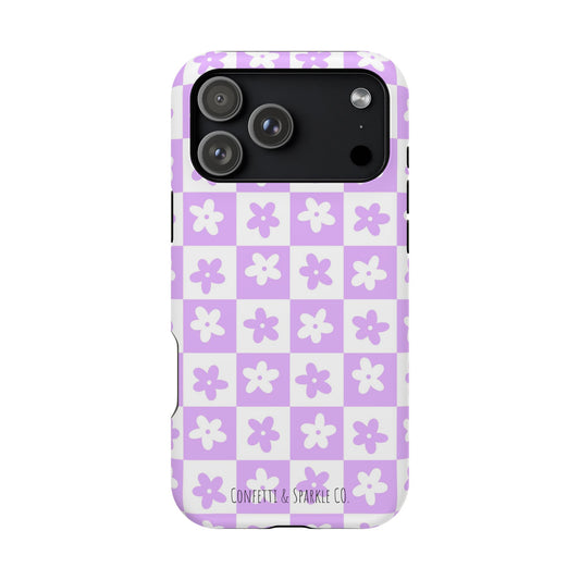 Lavender Retro Daisy Pattern -- Floral Checkered Magnetic Impact Phone Case