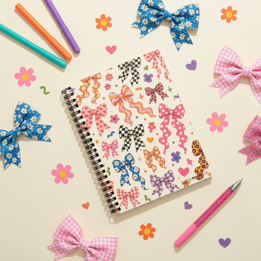 Bow Print Notebook Flat Lay