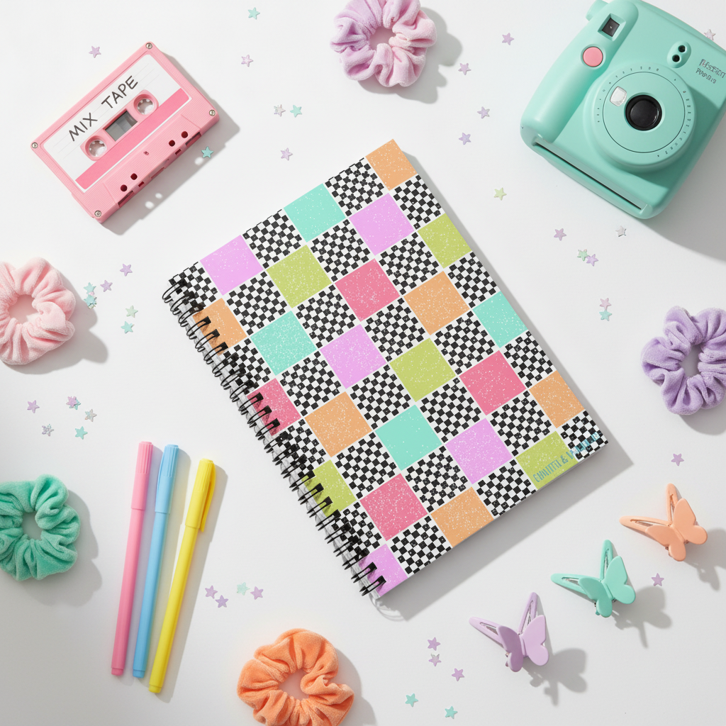 Checkerboard Pastel Notebook Flat Lay